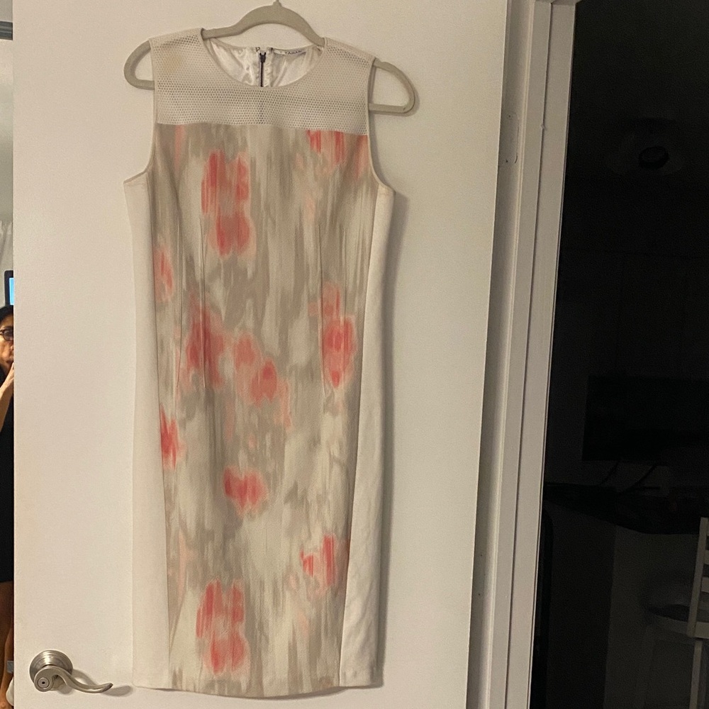 T Tahari White and Pink Patterned Midi Dress